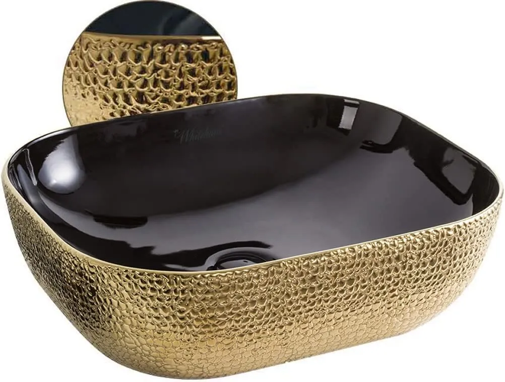 Whitehaus Collection WH71302-F22 Isabella Plus Collection Rectangular Above Mount Basin with an Embossed Exterior, Smooth Interior, and Center Drain, 19.75"L x 15.75"W x 5.5"H, Black/Gold