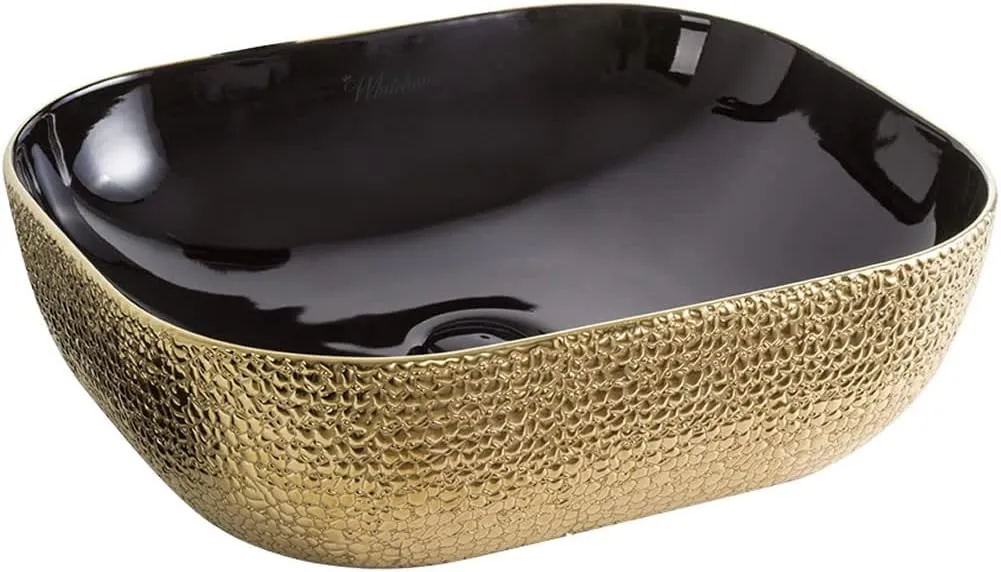 Whitehaus Collection WH71302-F22 Isabella Plus Collection Rectangular Above Mount Basin with an Embossed Exterior, Smooth Interior, and Center Drain, 19.75"L x 15.75"W x 5.5"H, Black/Gold