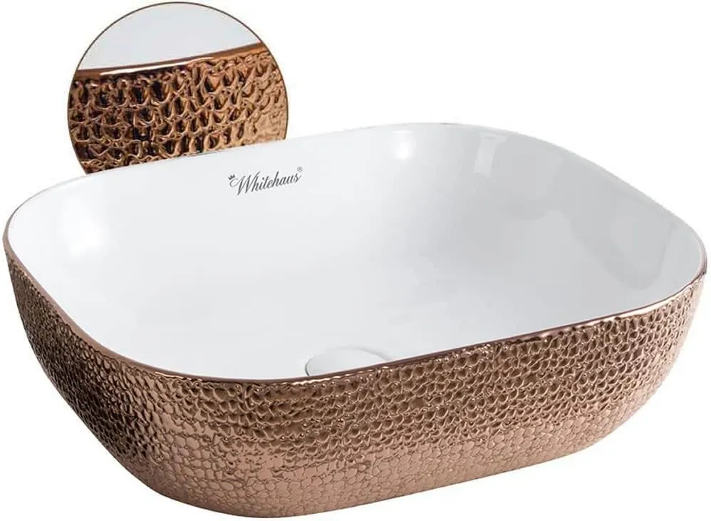 Whitehaus Collection WH71302-F23 Isabella Plus Collection Rectangular Above Mount Basin with an Embossed Exterior, Smooth Interior, and Center Drain, White/Rose Gold