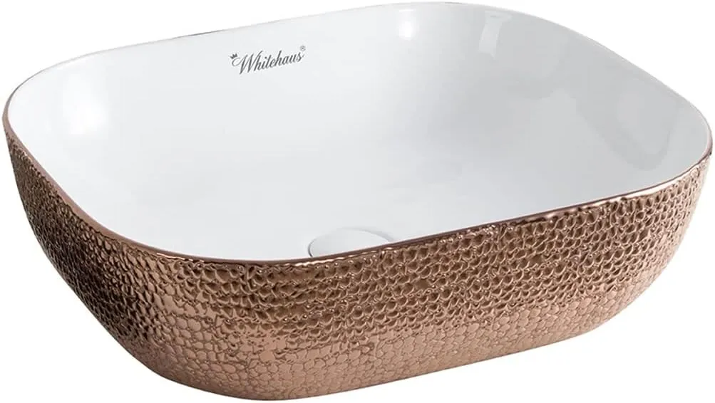 Whitehaus Collection WH71302-F23 Isabella Plus Collection Rectangular Above Mount Basin with an Embossed Exterior, Smooth Interior, and Center Drain, White/Rose Gold