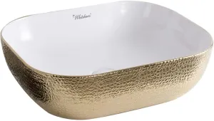 Whitehaus Collection WH71302-F25 Isabella Plus Collection Rectangular Above Mount Basin with an Embossed Exterior, Smooth Interior, and Center Drain, 19.75"L x 15.75"W x 5.5"H, White/Gold