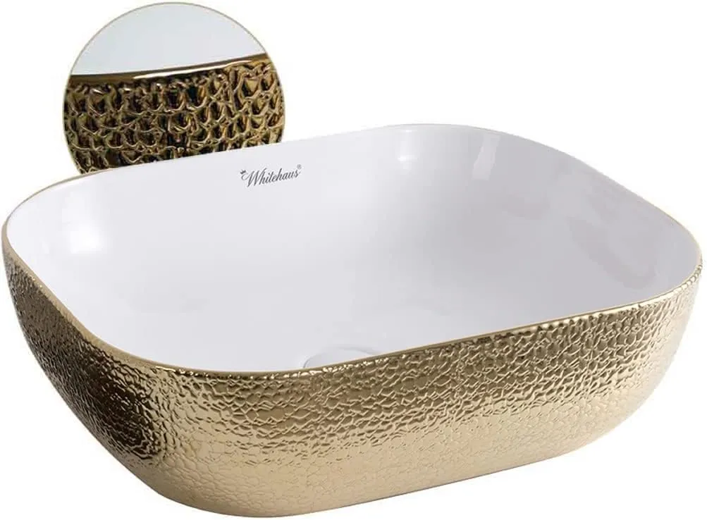 Whitehaus Collection WH71302-F25 Isabella Plus Collection Rectangular Above Mount Basin with an Embossed Exterior, Smooth Interior, and Center Drain, 19.75"L x 15.75"W x 5.5"H, White/Gold