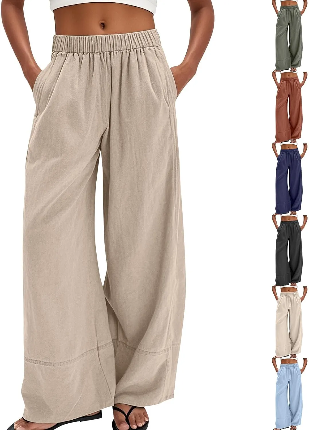 Wide Leg Linen Pants for Women Baggy Elastic High Waist Palazzo Pants Casual Summer Flowy Beach Trousers with Pockets
