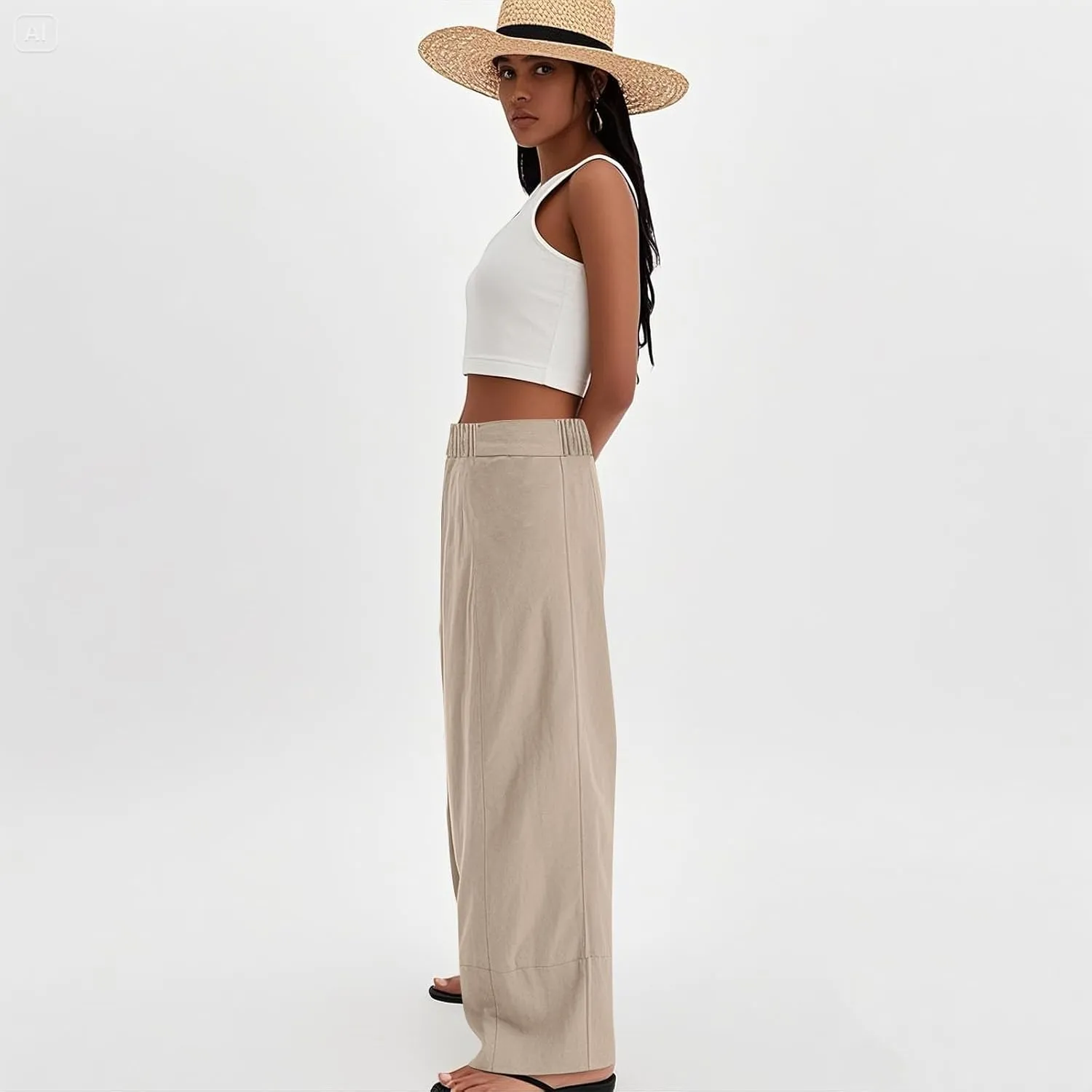 Wide Leg Linen Pants for Women Baggy Elastic High Waist Palazzo Pants Casual Summer Flowy Beach Trousers with Pockets