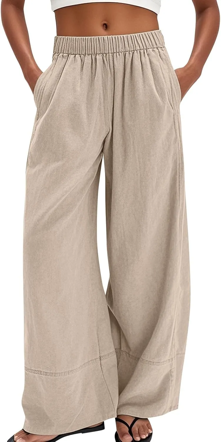 Wide Leg Linen Pants for Women Baggy Elastic High Waist Palazzo Pants Casual Summer Flowy Beach Trousers with Pockets