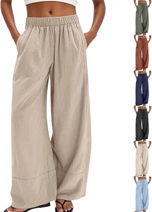 Wide Leg Linen Pants for Women Baggy Elastic High Waist Palazzo Pants Casual Summer Flowy Beach Trousers with Pockets