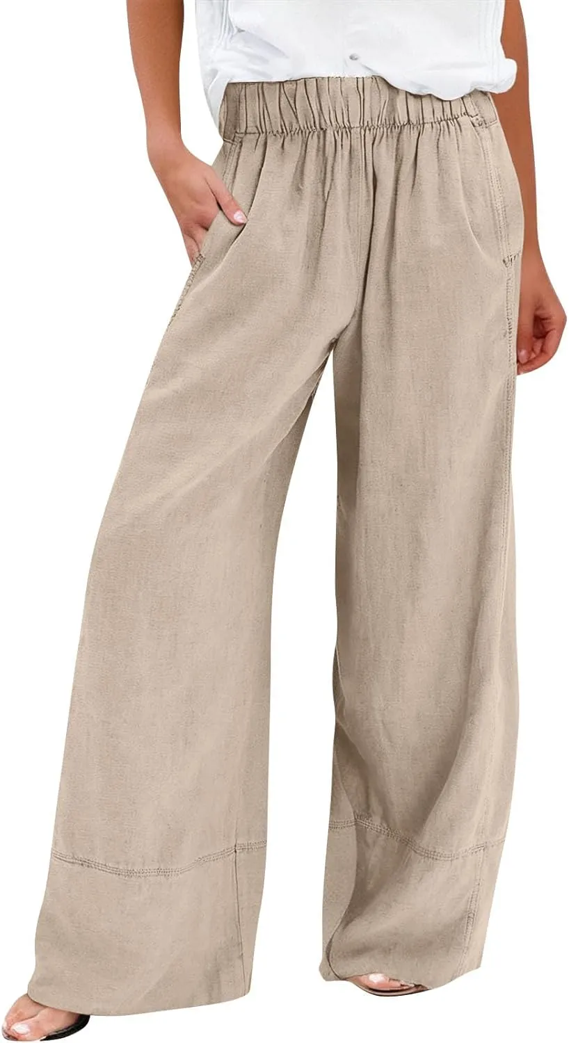 Wide Leg Linen Pants for Women Baggy Elastic High Waist Palazzo Pants Casual Summer Flowy Beach Trousers with Pockets
