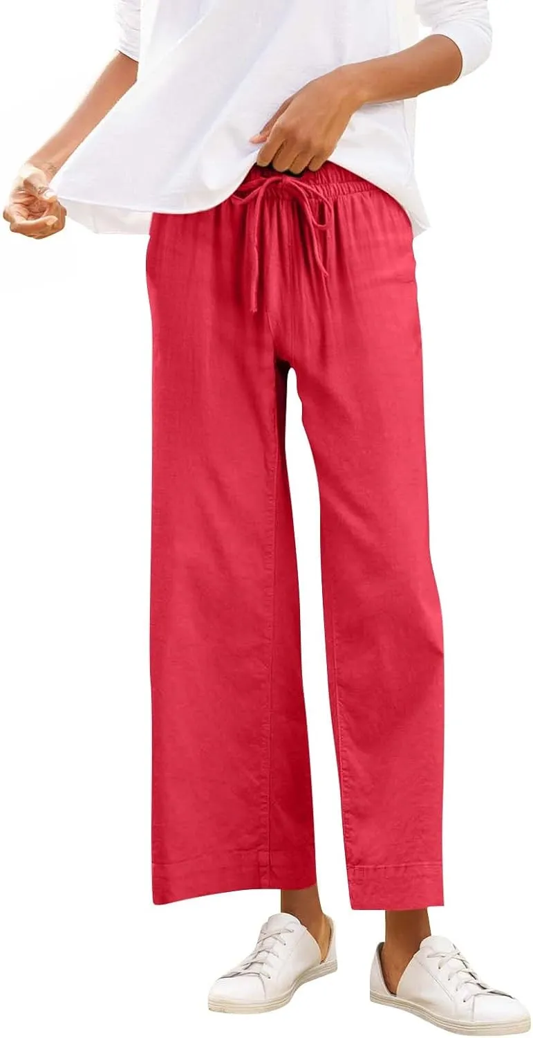 Wide Leg Linen Pants Woman Elastic High Waist Cropped Pants Trendy Lounge Pant Summer Business Casual Work Pants with Pockets