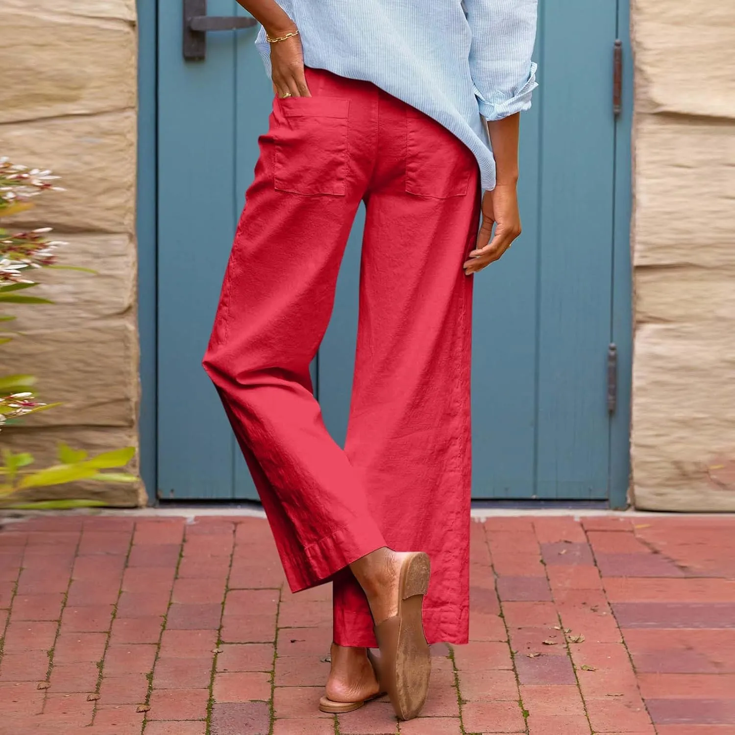 Wide Leg Linen Pants Woman Elastic High Waist Cropped Pants Trendy Lounge Pant Summer Business Casual Work Pants with Pockets