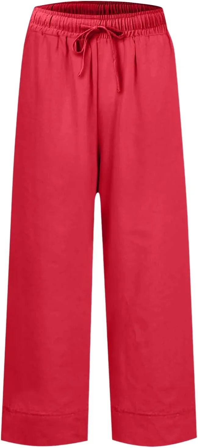 Wide Leg Linen Pants Woman Elastic High Waist Cropped Pants Trendy Lounge Pant Summer Business Casual Work Pants with Pockets