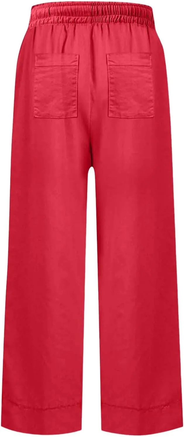 Wide Leg Linen Pants Woman Elastic High Waist Cropped Pants Trendy Lounge Pant Summer Business Casual Work Pants with Pockets