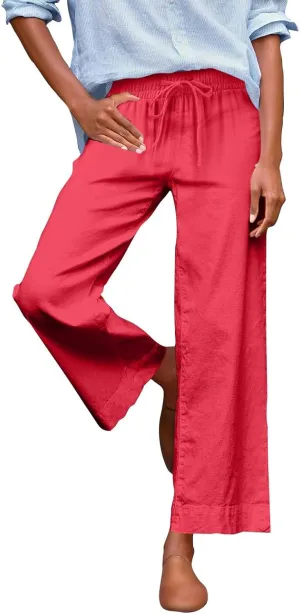 Wide Leg Linen Pants Woman Elastic High Waist Cropped Pants Trendy Lounge Pant Summer Business Casual Work Pants with Pockets