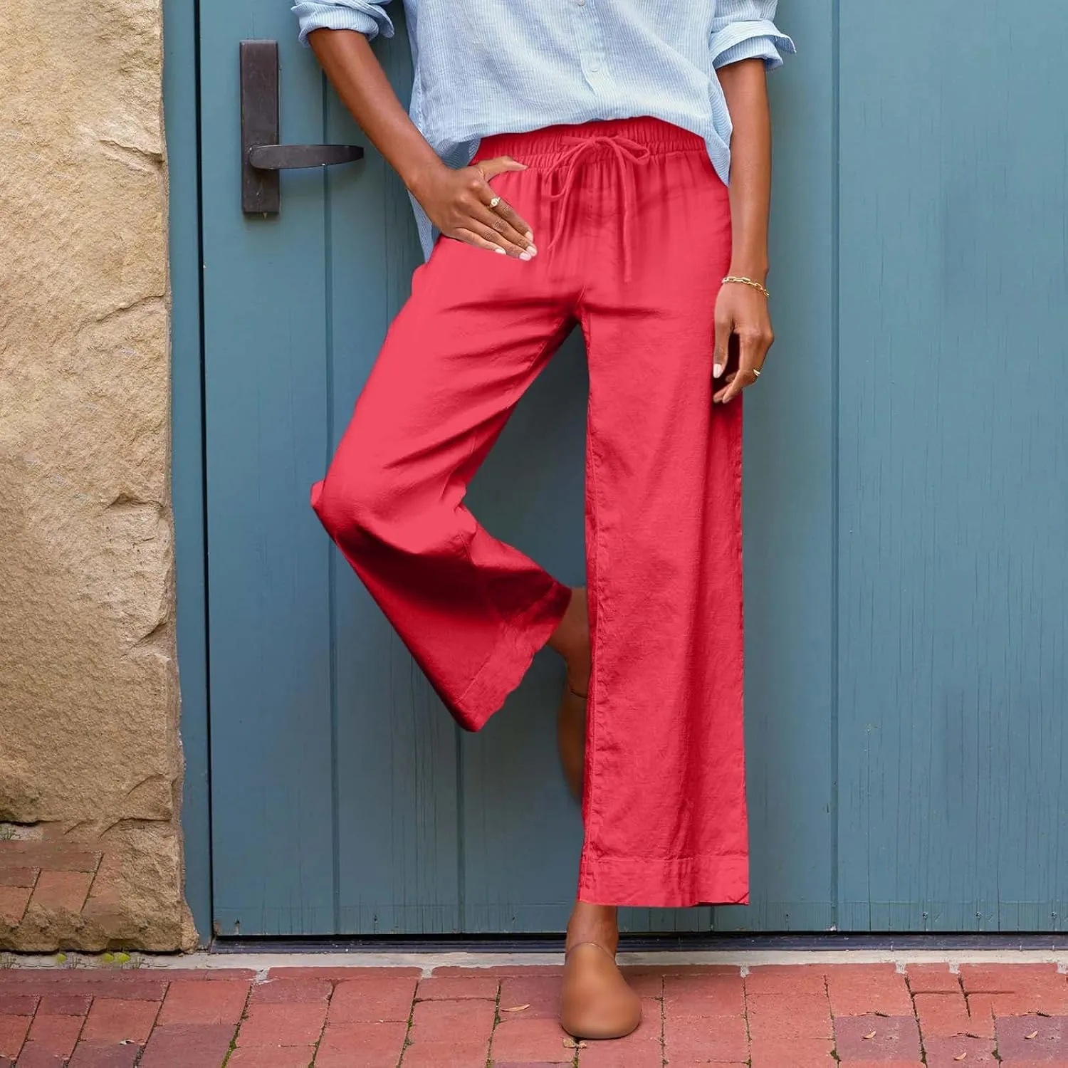 Wide Leg Linen Pants Woman Elastic High Waist Cropped Pants Trendy Lounge Pant Summer Business Casual Work Pants with Pockets