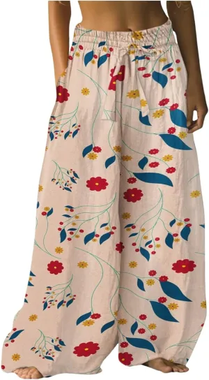 Wide Leg Pants Woman Floral Dress Summer Boho Palazzo Pants High Waist Floral Casual Lounge Trousers with Pockets