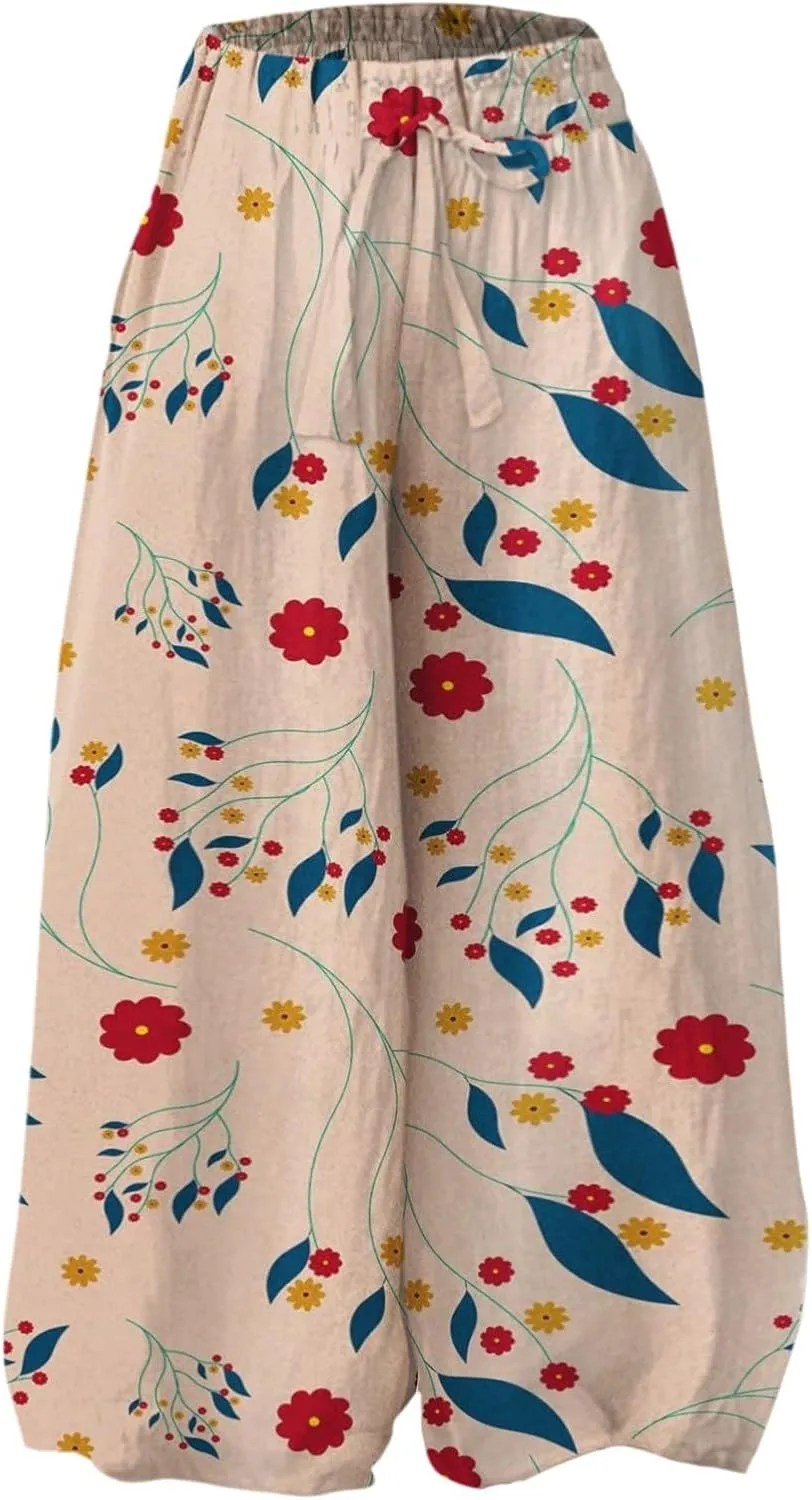 Wide Leg Pants Woman Floral Dress Summer Boho Palazzo Pants High Waist Floral Casual Lounge Trousers with Pockets
