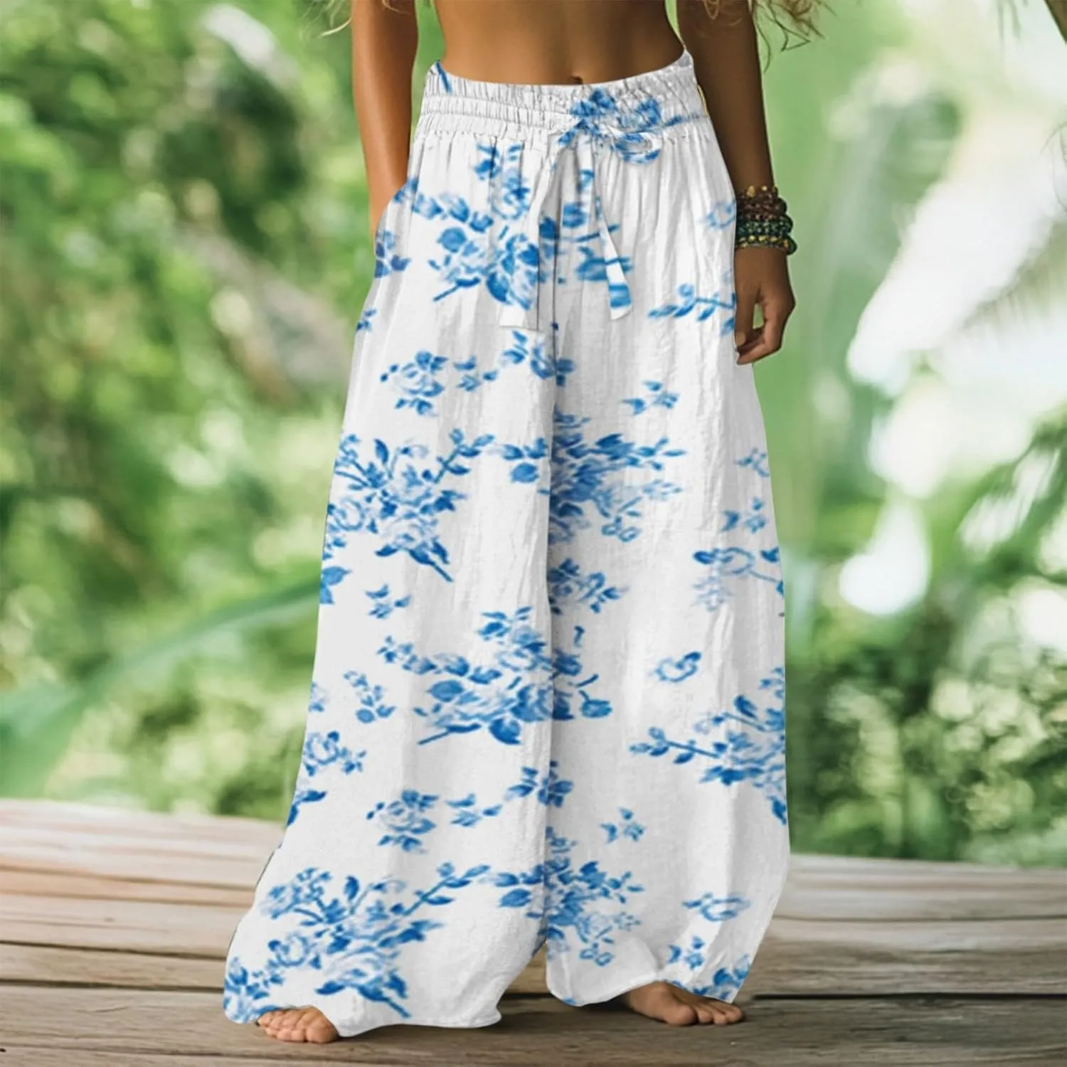 Wide Leg Pants Woman Floral Dress Summer Boho Palazzo Pants High Waist Floral Casual Lounge Trousers with Pockets