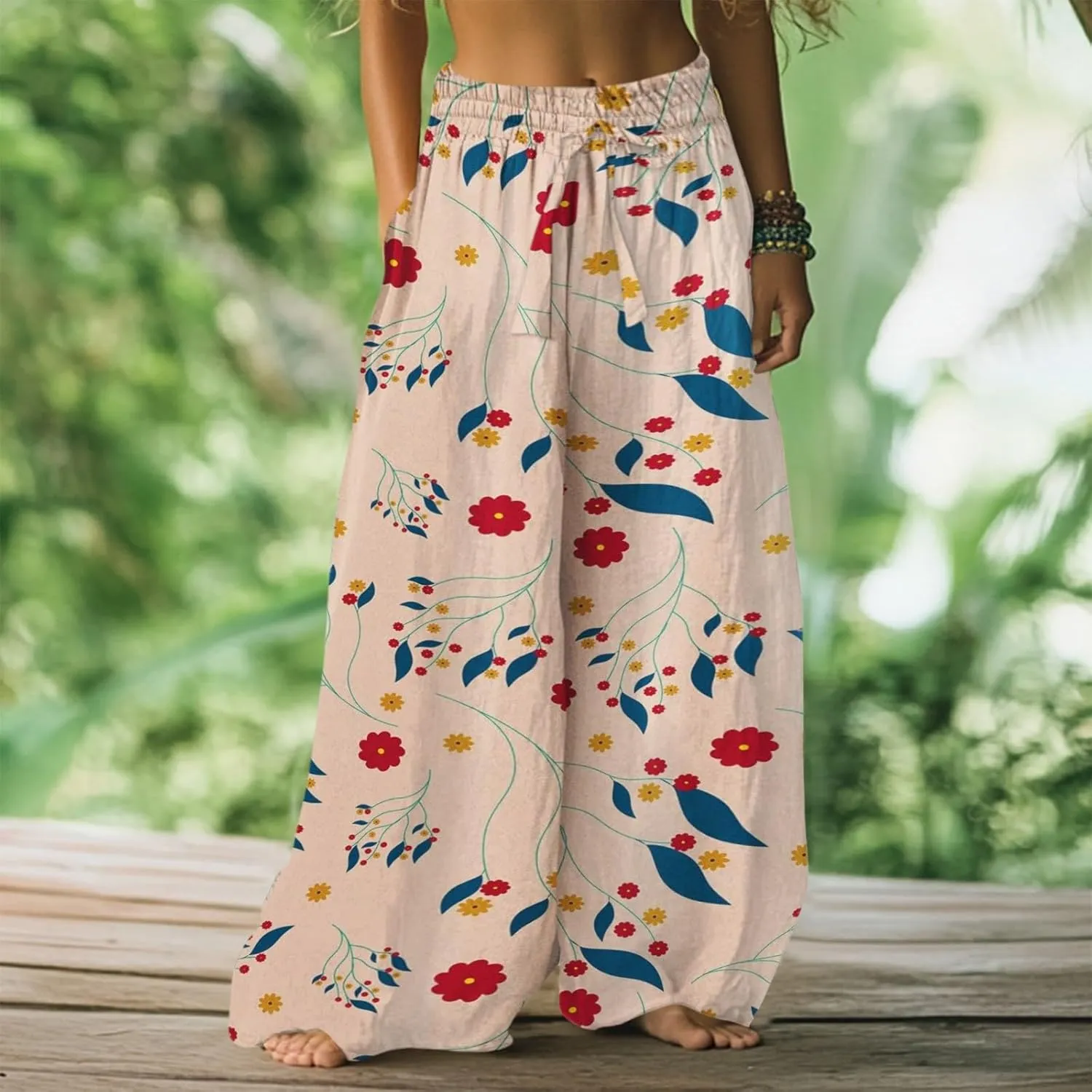 Wide Leg Pants Woman Floral Dress Summer Boho Palazzo Pants High Waist Floral Casual Lounge Trousers with Pockets