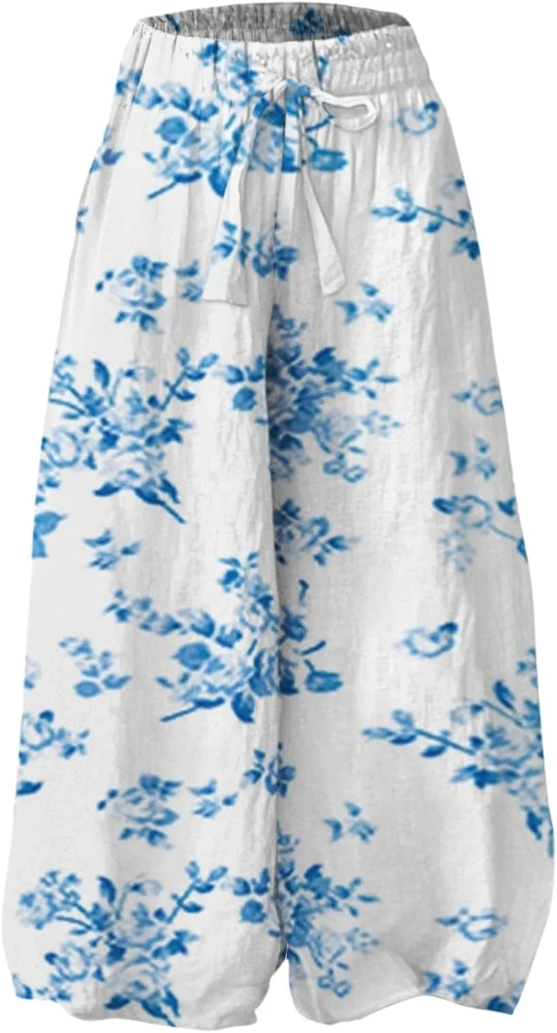 Wide Leg Pants Woman Floral Dress Summer Boho Palazzo Pants High Waist Floral Casual Lounge Trousers with Pockets
