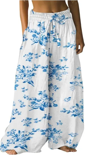 Wide Leg Pants Woman Floral Dress Summer Boho Palazzo Pants High Waist Floral Casual Lounge Trousers with Pockets