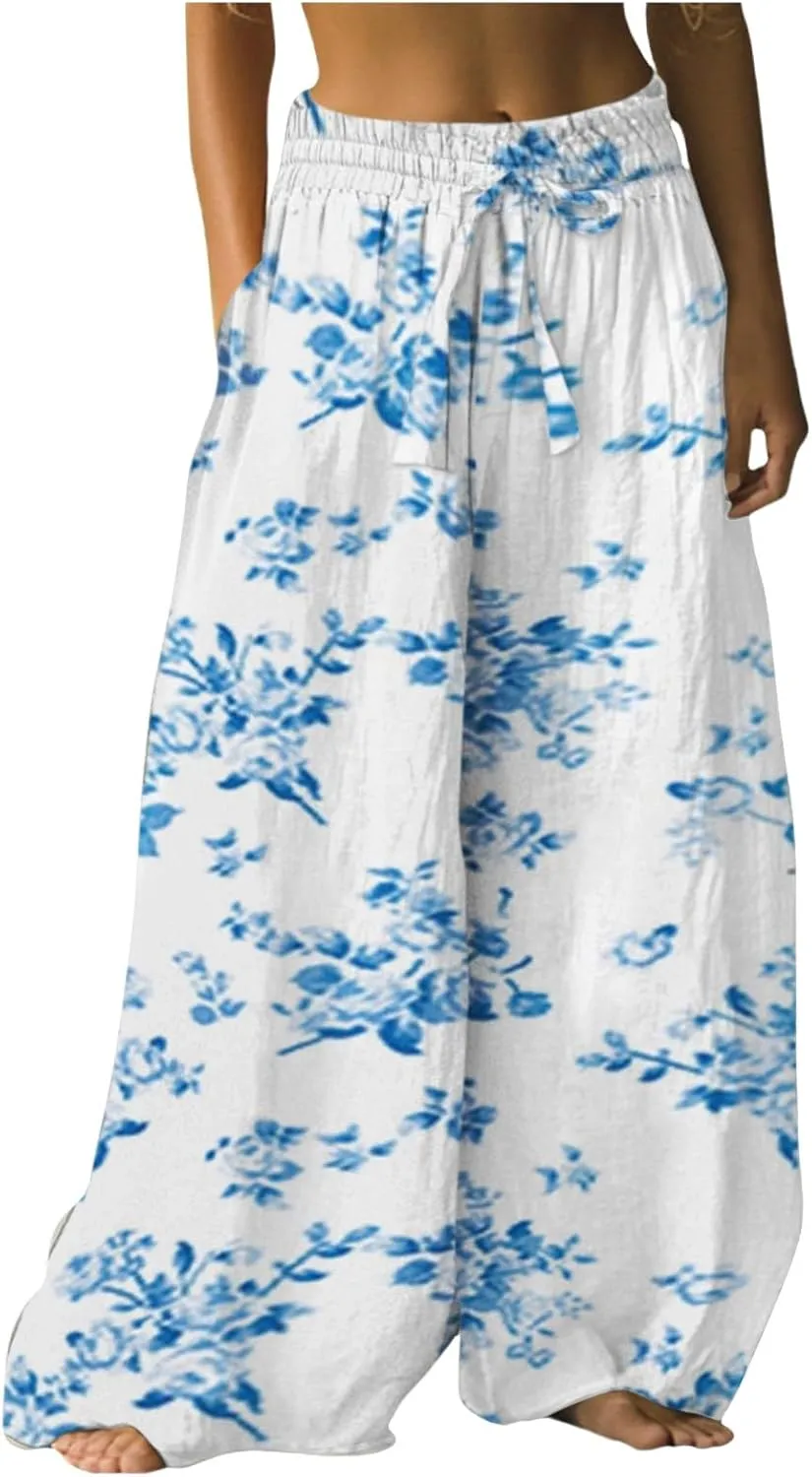 Wide Leg Pants Woman Floral Dress Summer Boho Palazzo Pants High Waist Floral Casual Lounge Trousers with Pockets