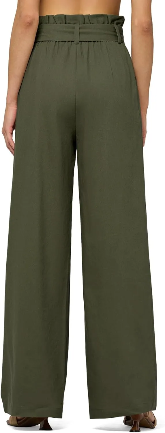 Willit Women Linen Pants Casual Wide Leg Dress Pants High Waisted Paperbag Work Slacks Tie Knot Trousers Pockets 28"/30"/ 32"