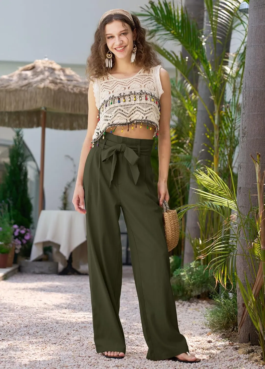 Willit Women Linen Pants Casual Wide Leg Dress Pants High Waisted Paperbag Work Slacks Tie Knot Trousers Pockets 28"/30"/ 32"