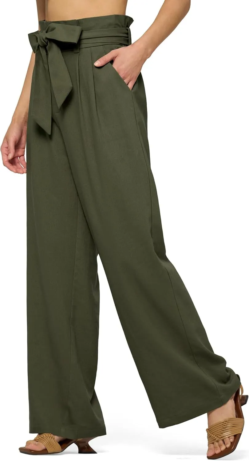Willit Women Linen Pants Casual Wide Leg Dress Pants High Waisted Paperbag Work Slacks Tie Knot Trousers Pockets 28"/30"/ 32"