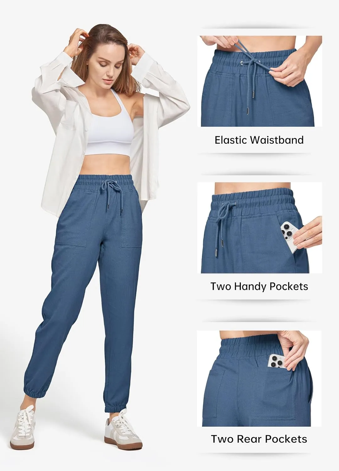 Willit Women Linen Pants Joggers Casual Lightweight Lounge Cotton Linen Travel Beach Summer Pants with Pockets 25.5"/28"