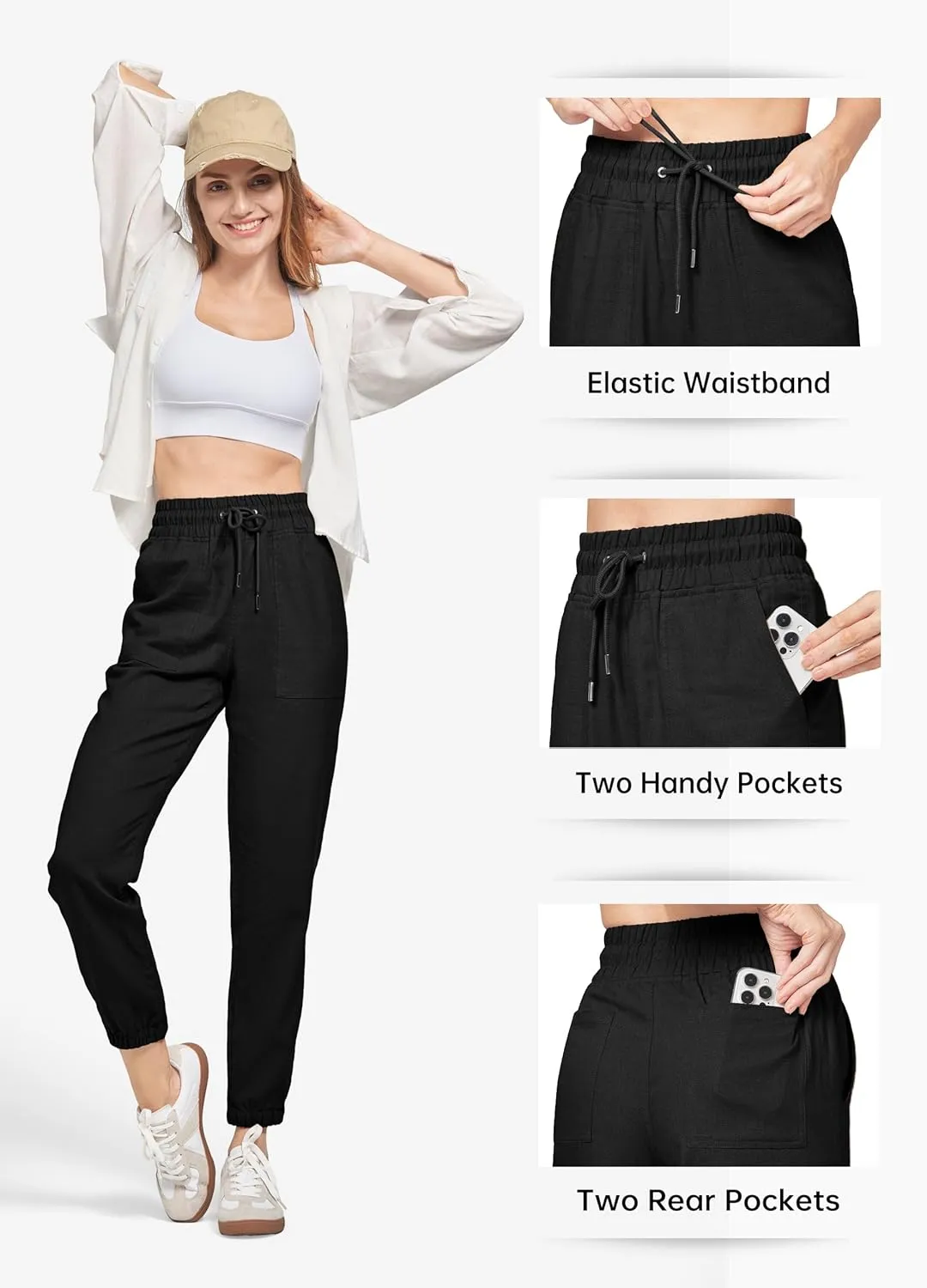 Willit Women Linen Pants Joggers Casual Lightweight Lounge Cotton Linen Travel Beach Summer Pants with Pockets 25.5"/28"