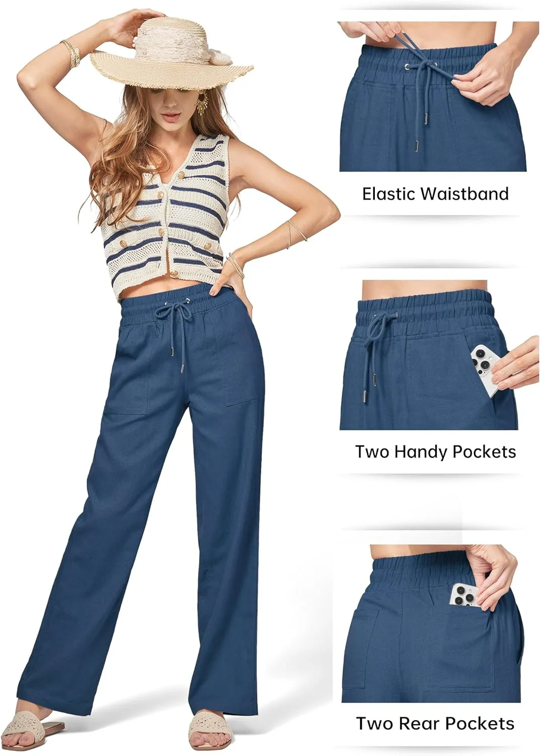 Willit Women Linen Pants Wide Leg Casual Palazzo Pants Cotton Linen Lounge Beach Summer Pants with Pockets 29"/31"/ 33"
