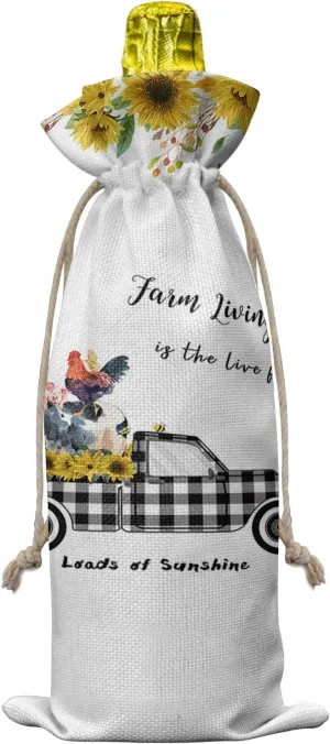 Wine Bags for Wine Bottles Gifts, Wine Bottle Bag with Drawstrings, Pastoral Style Truck with Animals and Sunflowers Wine Tote for Travel, Birthday, Blind Tastings, Christmas, Home Storage