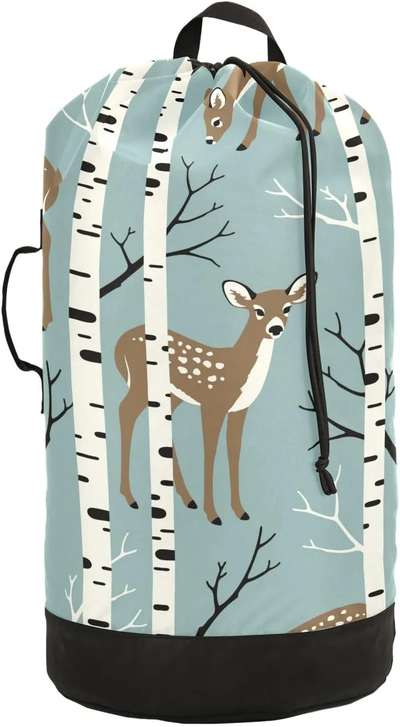 Winter Deer Birch Forest Laundry Bag with Shoulder Straps Large Capacity Dirty Clothes Bag for College Dorm Apartment