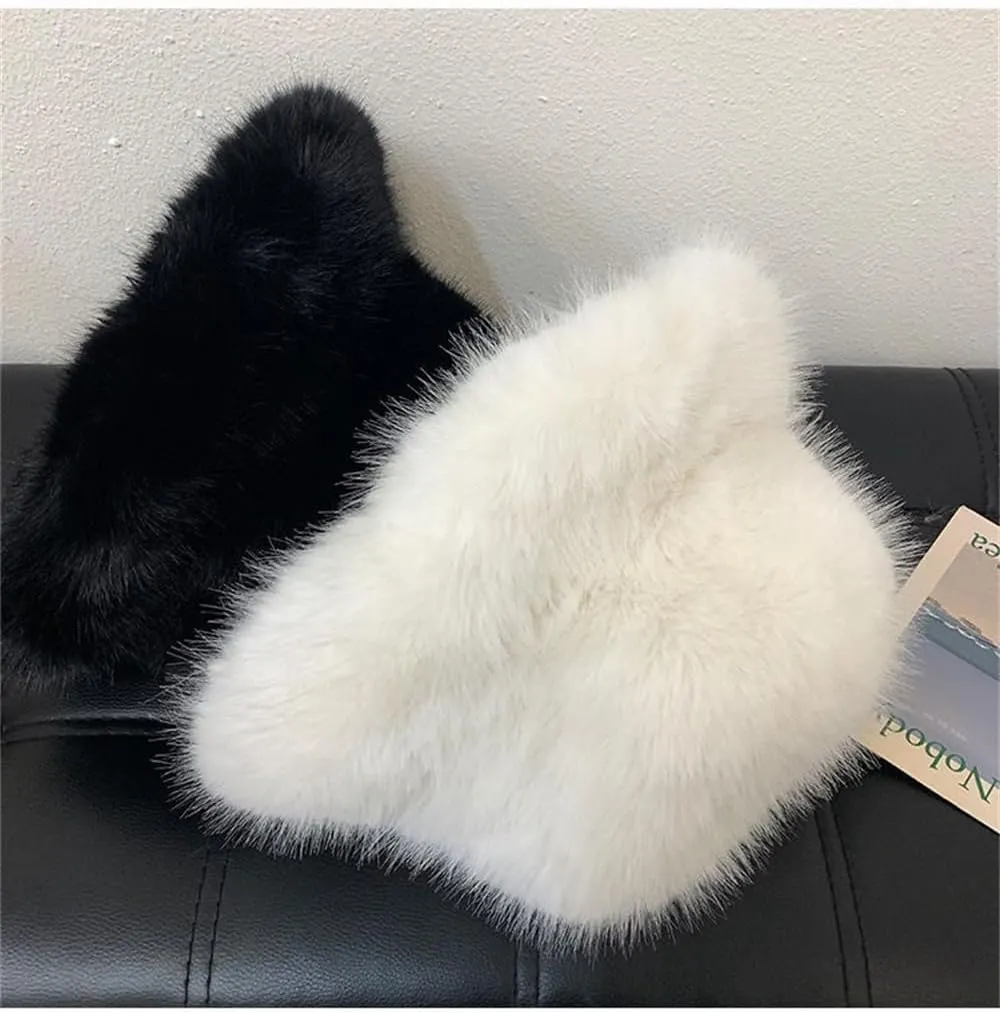 Winter Fluffy Faux Fur Plush Bucket Hat for Women Fuzzy Warm Fisherman Cap Outdoor Thick Winter Hat for Ladies