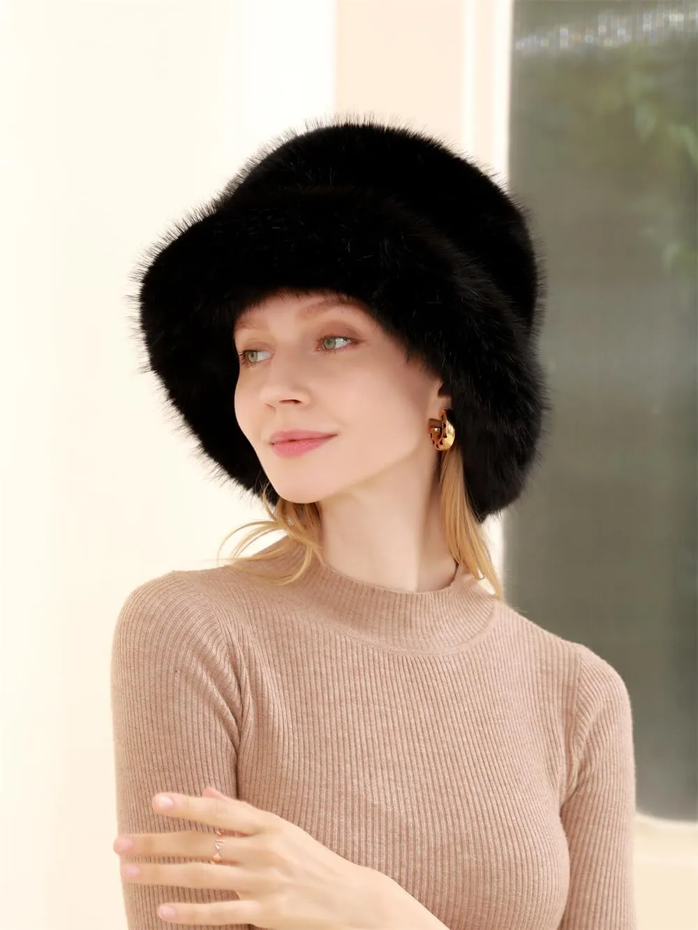 Winter Fluffy Faux Fur Plush Bucket Hat for Women Fuzzy Warm Fisherman Cap Outdoor Thick Winter Hat for Ladies