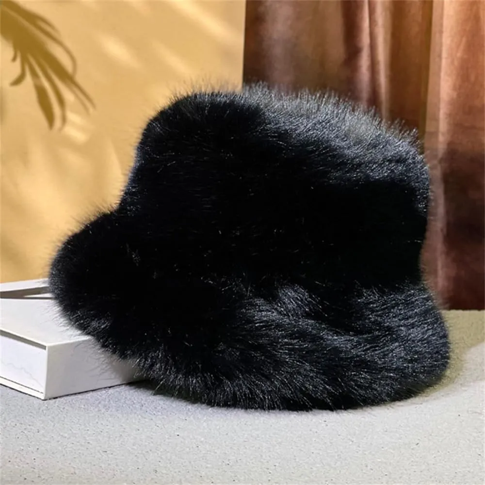 Winter Fluffy Faux Fur Plush Bucket Hat for Women Fuzzy Warm Fisherman Cap Outdoor Thick Winter Hat for Ladies