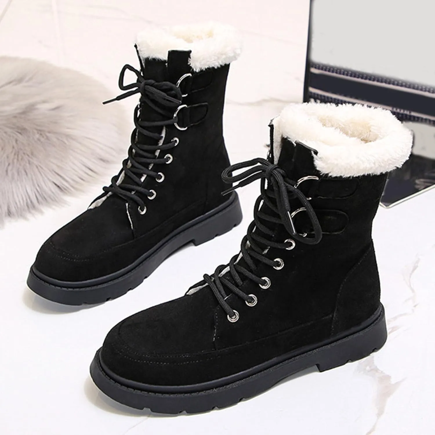 Winter Snow Boots for Women,Women's Warm Winter Snow Boots Round Toe Flat Shoes Cute Comfortable Outdoor Anti-Slip Ankle Boots Suede Warm Fur Lined Booties Lace Up Platform Boots