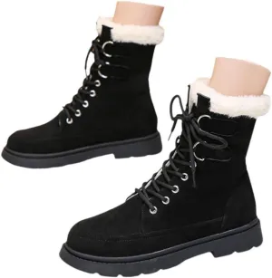 Winter Snow Boots for Women,Women's Warm Winter Snow Boots Round Toe Flat Shoes Cute Comfortable Outdoor Anti-Slip Ankle Boots Suede Warm Fur Lined Booties Lace Up Platform Boots