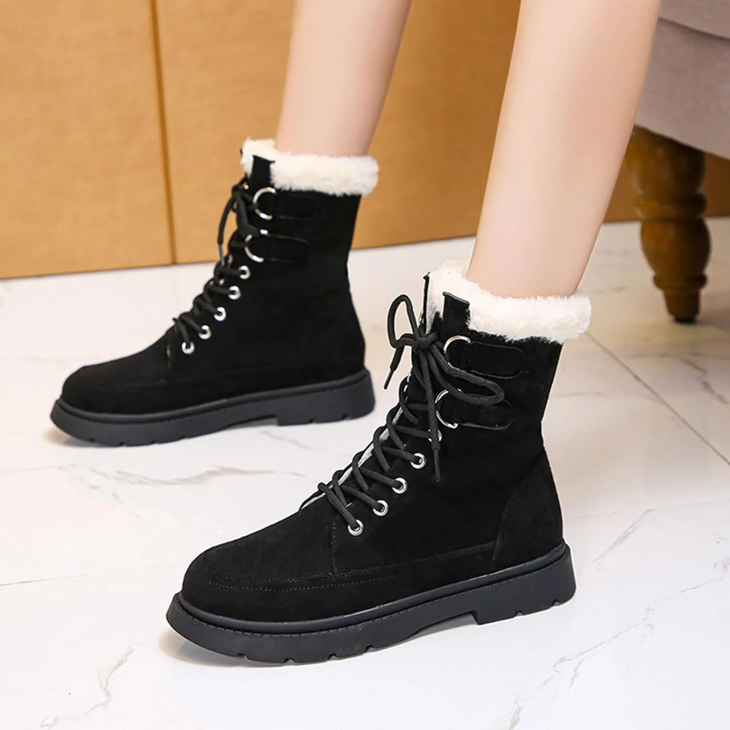 Winter Snow Boots for Women,Women's Warm Winter Snow Boots Round Toe Flat Shoes Cute Comfortable Outdoor Anti-Slip Ankle Boots Suede Warm Fur Lined Booties Lace Up Platform Boots