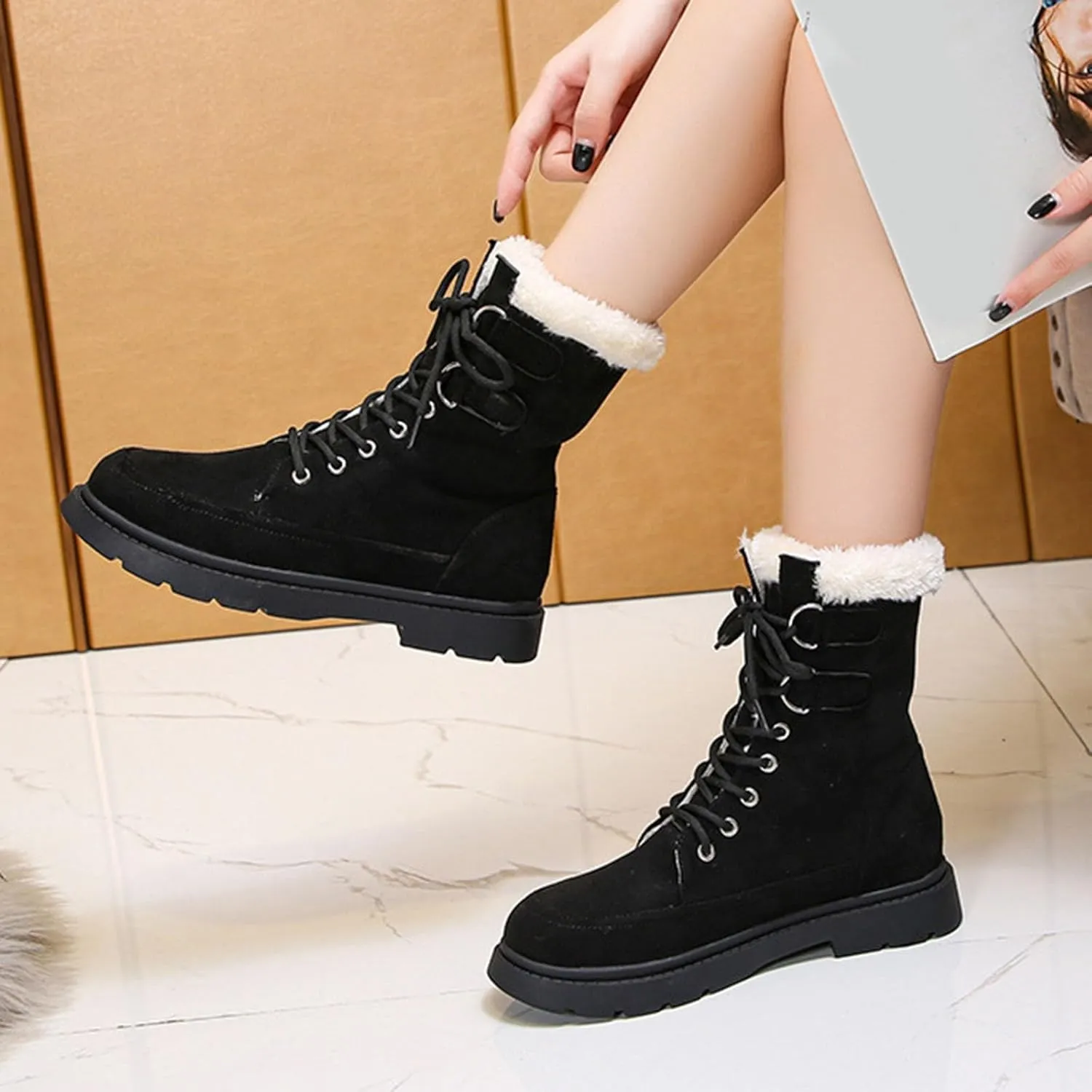 Winter Snow Boots for Women,Women's Warm Winter Snow Boots Round Toe Flat Shoes Cute Comfortable Outdoor Anti-Slip Ankle Boots Suede Warm Fur Lined Booties Lace Up Platform Boots