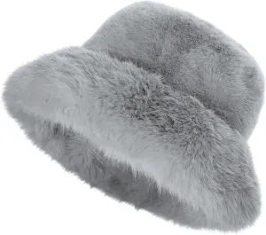 Winter Soft Faux Fur Plush Bucket Hat, Lovely Fuzzy Fisherman Cap, Fashion Outdoor Thick Warm Sun Cap for Women