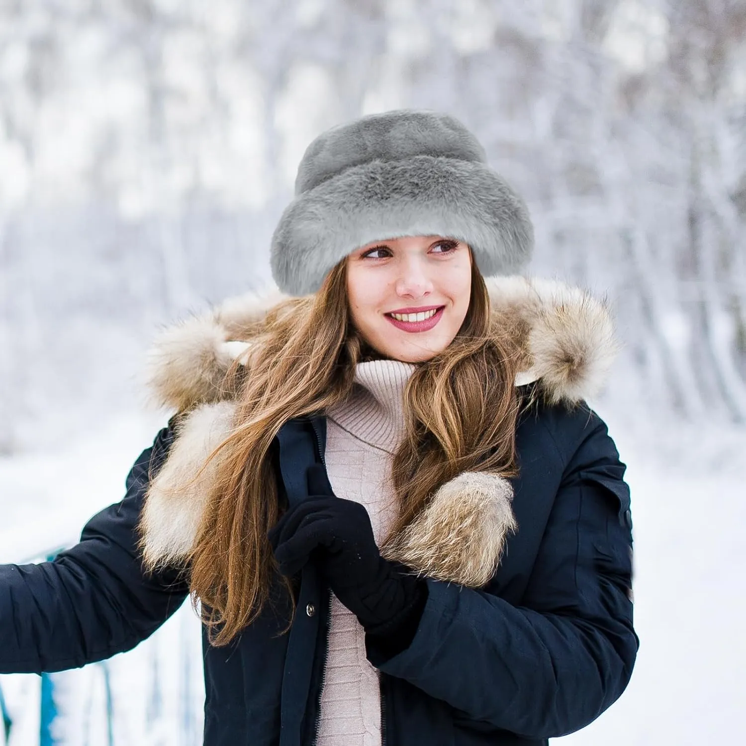 Winter Soft Faux Fur Plush Bucket Hat, Lovely Fuzzy Fisherman Cap, Fashion Outdoor Thick Warm Sun Cap for Women
