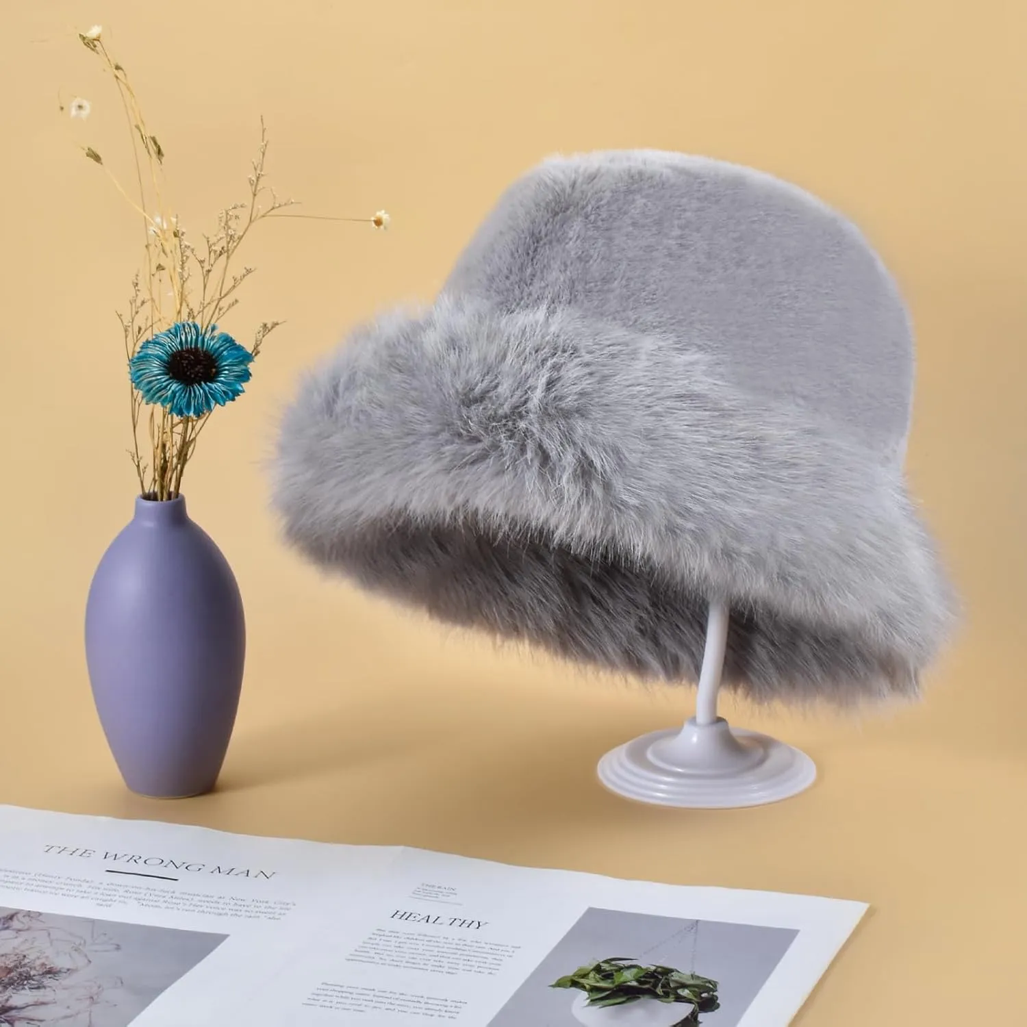 Winter Soft Faux Fur Plush Bucket Hat, Lovely Fuzzy Fisherman Cap, Fashion Outdoor Thick Warm Sun Cap for Women