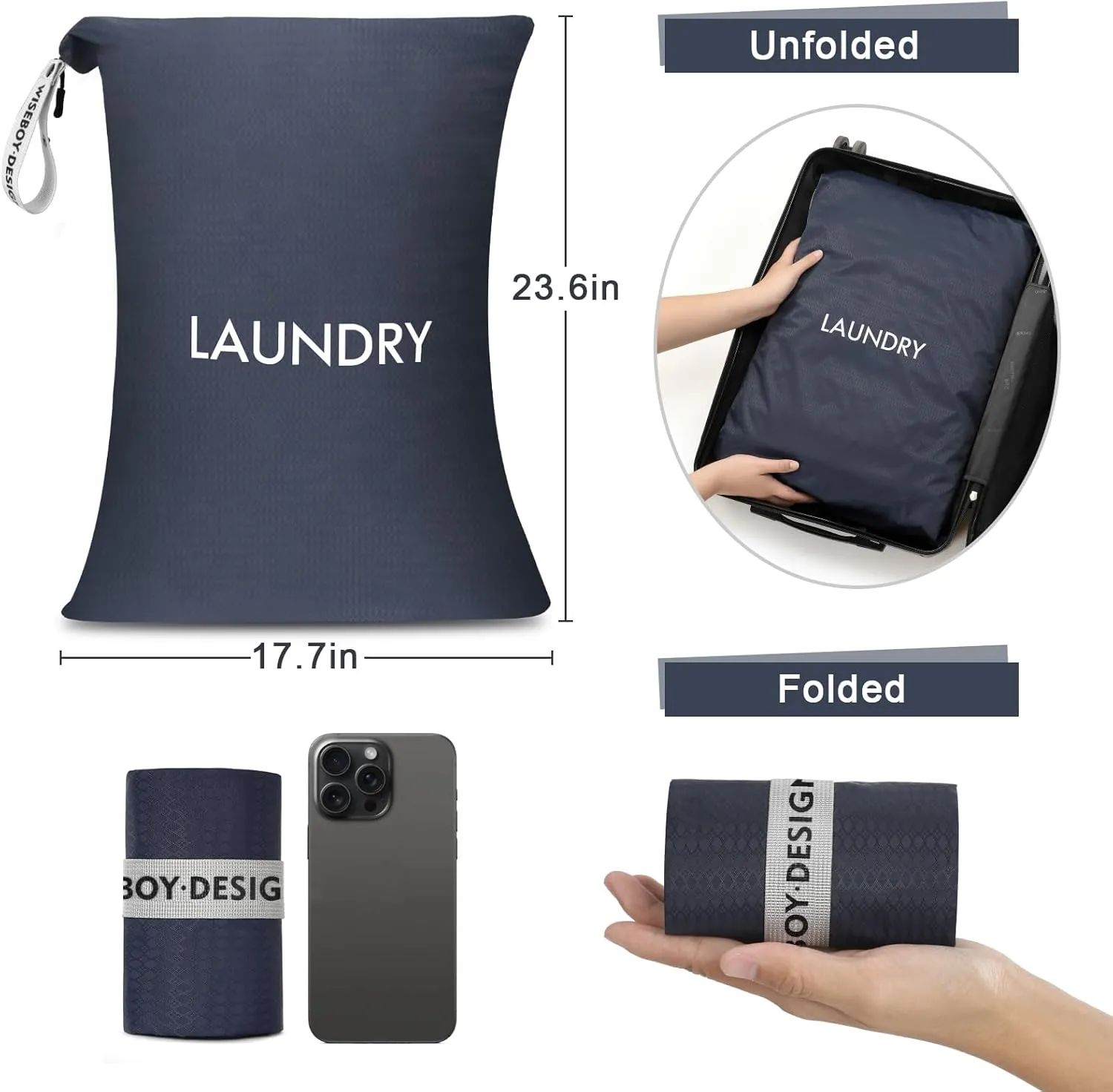 WiseBoy 2 Pack Laundry Bags, Travel Laundry Bag for Dirty Clothes, Washable Nylon Wet Dry Bag, Dirty Clothes Bag for College Dorm, Travel, Camping