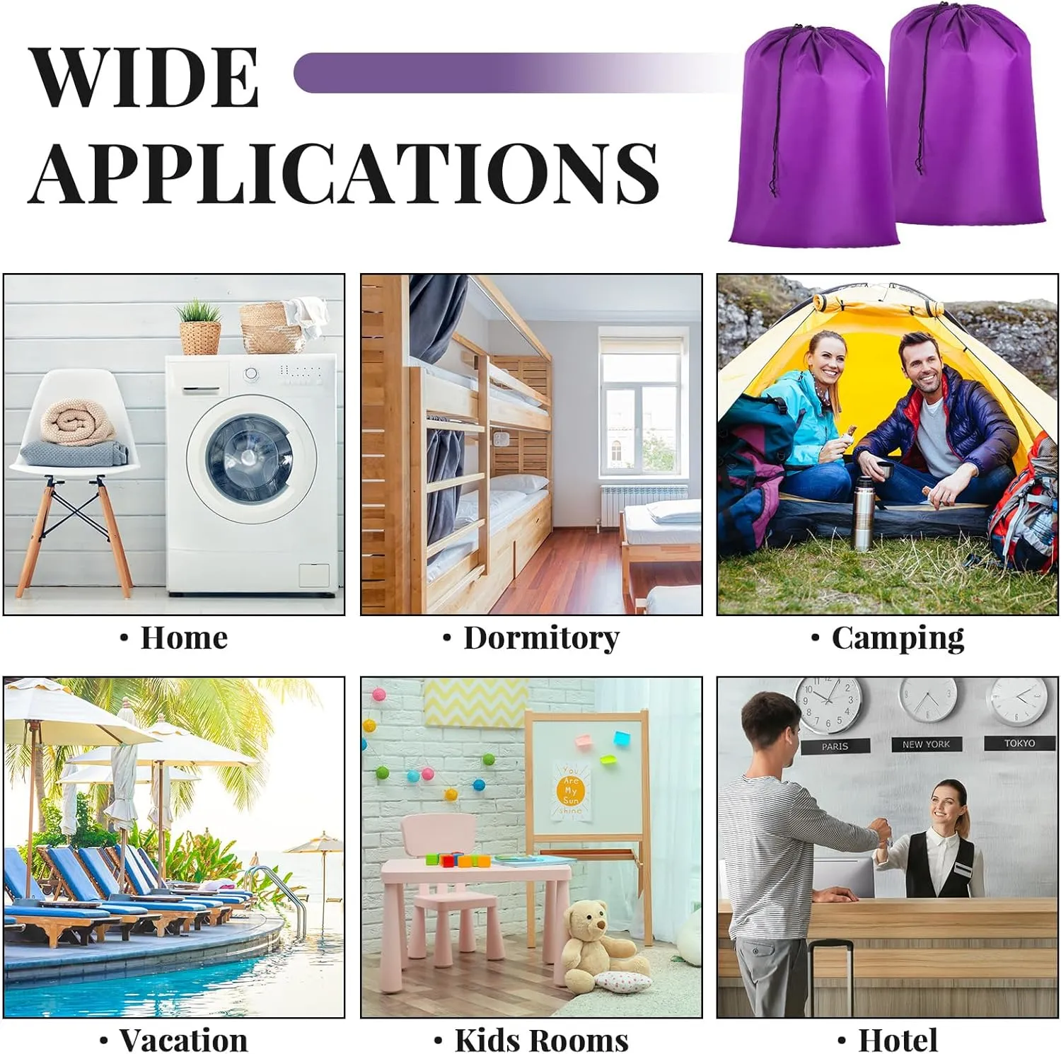 Woanger 12 Pack 28 x 45 Inch Extra Large Laundry Bags Bulk Washable Travel Laundry Bag with Drawstring Closure Large Dirty Clothes Organizer for College Dorm Home Hotel Camping(Purple)