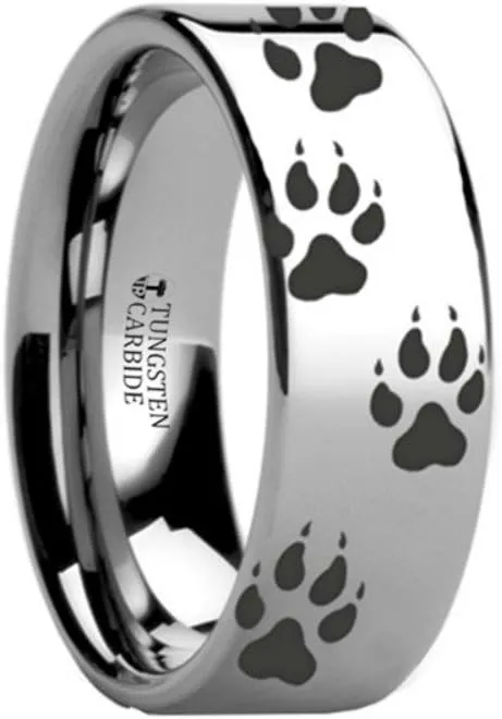 WOLF TRACK PRINTS Animal Tracks Wolf Print Flat Tungsten Ring 12mm Wide Wedding Band