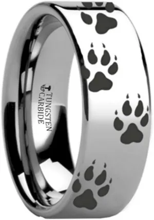 WOLF TRACK PRINTS Animal Tracks Wolf Print Flat Tungsten Ring 4mm Wide Wedding Band