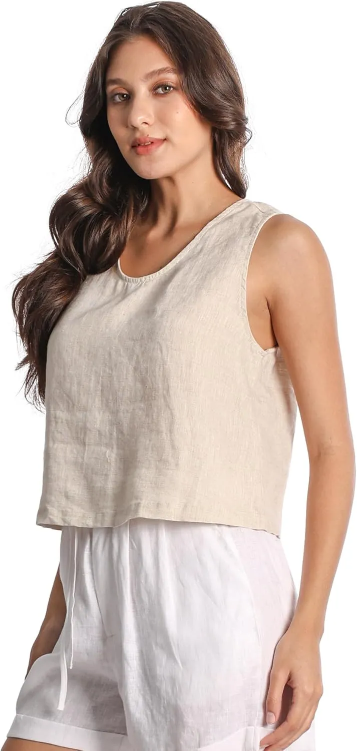 Women 100% Linen Tank Tops Fashion Sleeveless Round Neck Pure Linen Tops