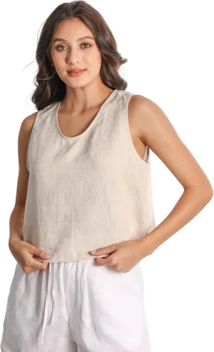 Women 100% Linen Tank Tops Fashion Sleeveless Round Neck Pure Linen Tops