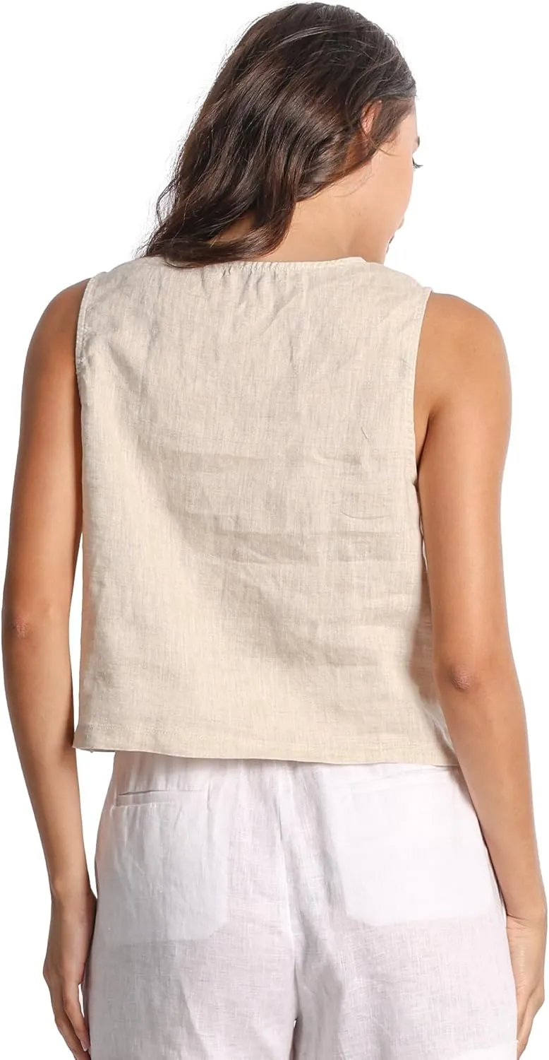 Women 100% Linen Tank Tops Fashion Sleeveless Round Neck Pure Linen Tops