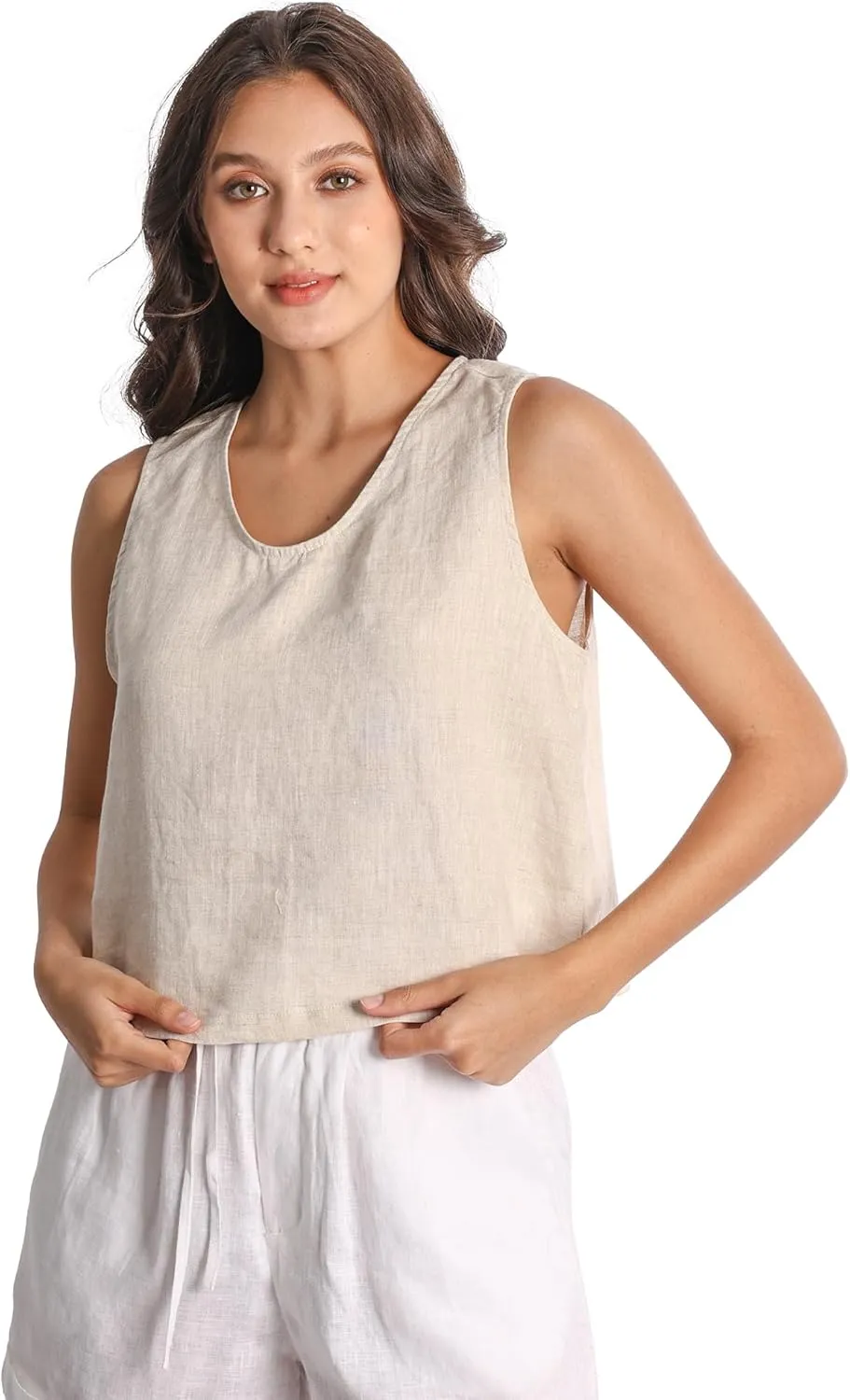 Women 100% Linen Tank Tops Fashion Sleeveless Round Neck Pure Linen Tops